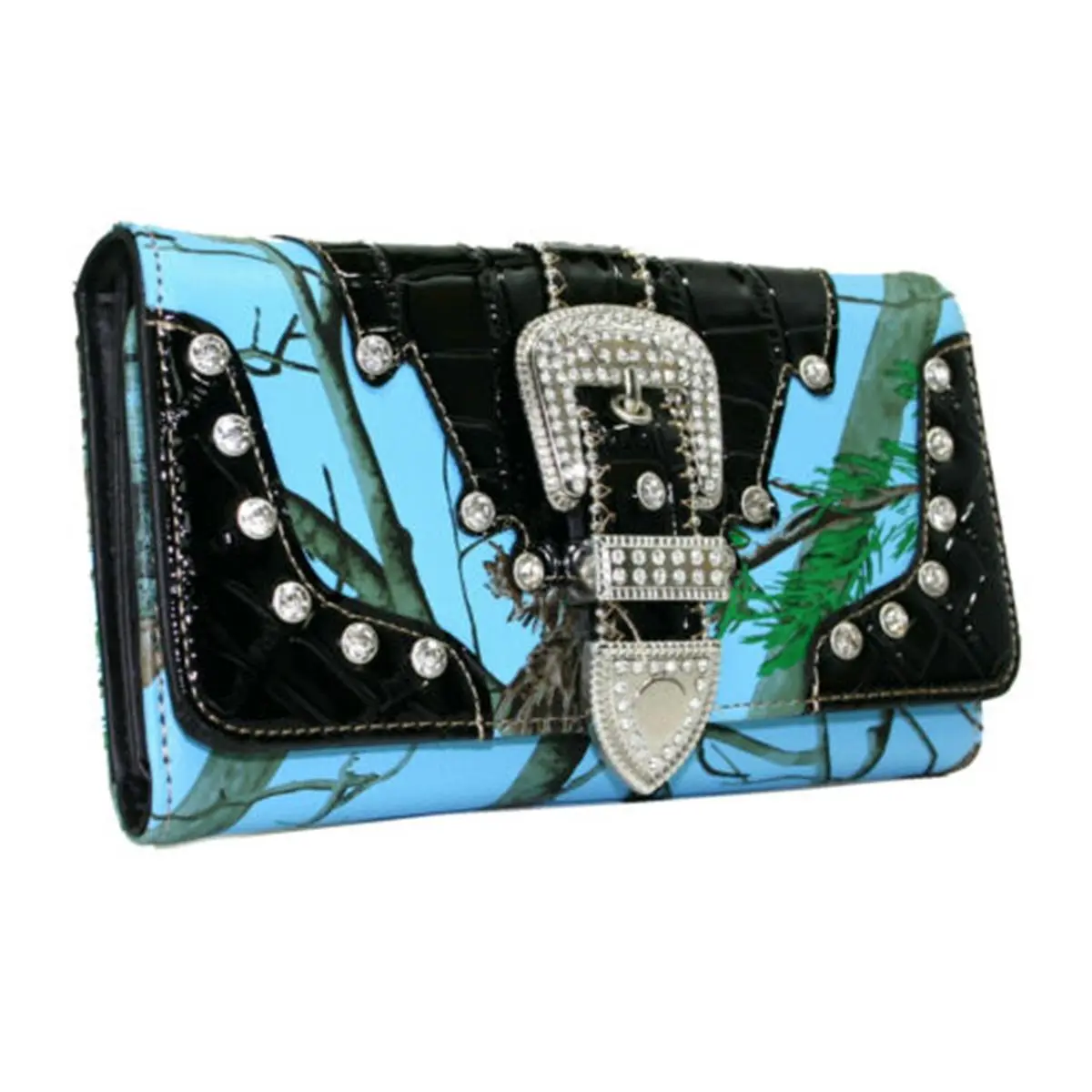 WB146-BLU-CAM Camouflage Western Women Trifold Wallet Rhinestone Bling Buckle - Blue & Camo, Wallets For Women, Blinged-Out Women's Wallets