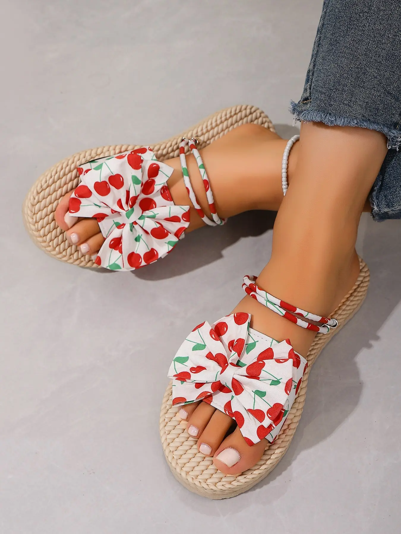 Cherry Print Bow Flat Sole Sandals for Women, Detachable Back Strap, Summer Sweet Casual Beach Shoes, Versatile Outdoor Footwear