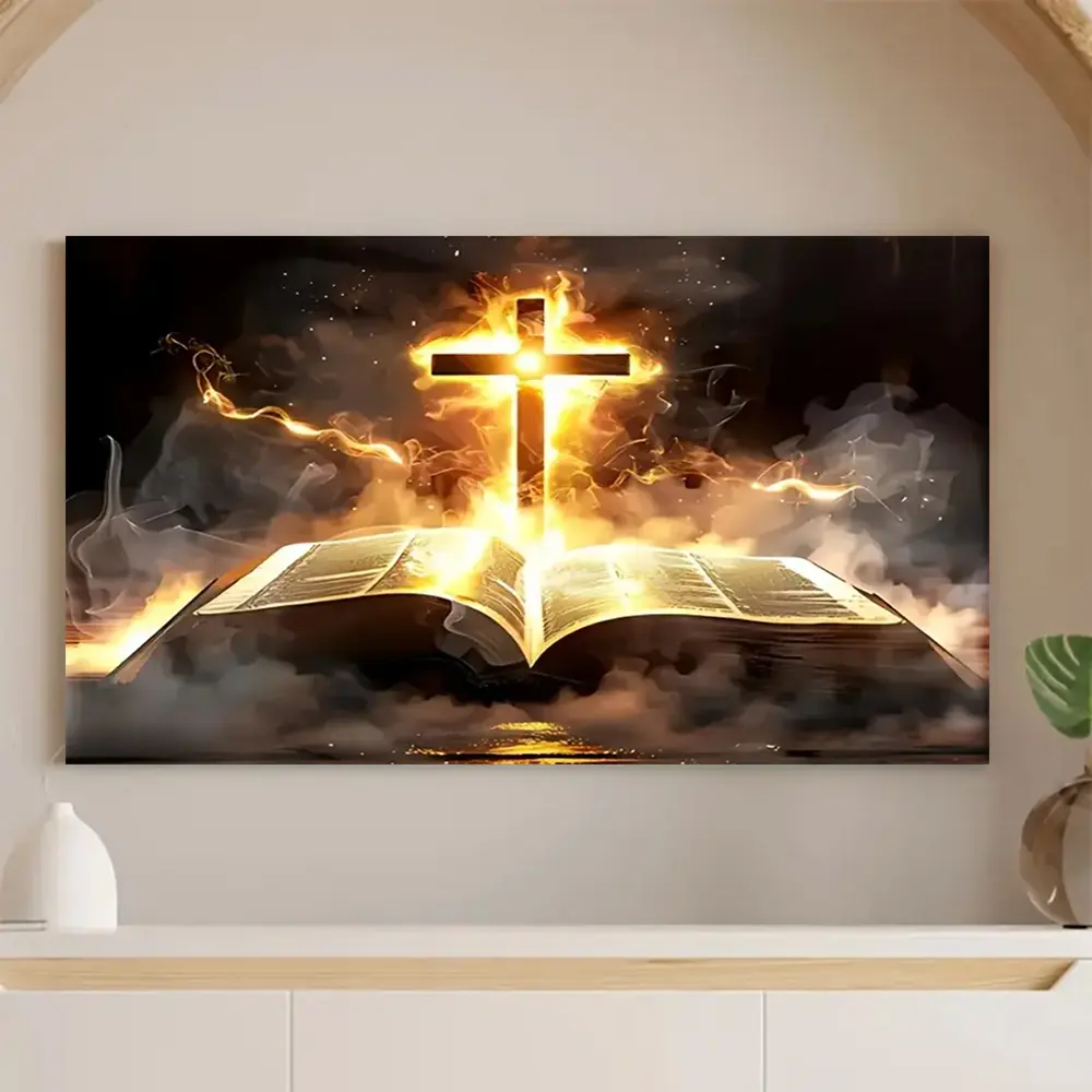 1-Piece Framed Canvas Wall Art Print - Golden Light Cross & Scripture Design, Embroidered Gold-Plated Cross, Wooden Frame, Religious Home Decor, Thoughtful Holiday Gift (Check Size Carefully)