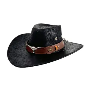 OIDEA Cowboy Hats for Men Faux Leather with Bull Head Band, Western Wide Brim Hat with Chin Strap