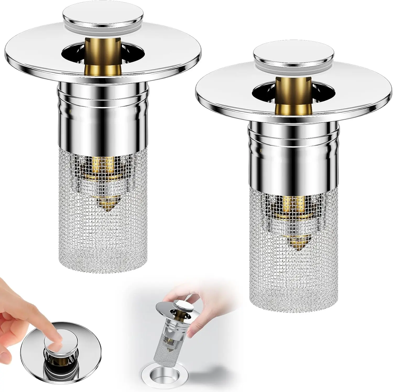 3 in 1 Stainless Steel Sink Drain Strainer and Stopper 2 Pack Pop Up Bounce Core Drain Filter with Hair Catcher Basket Anti Clogging Water Plug Replacement Accessories for Kitchen Sink Bathroom Shower Wash Basin Tub Drain