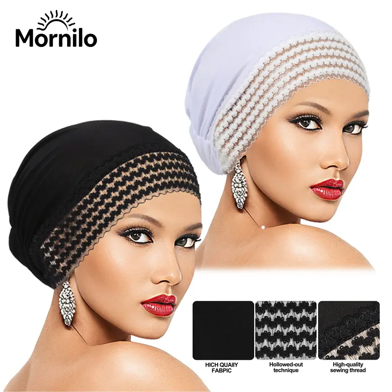 Lace Trim Hijab Undercap for Women | Breathable Non Slip Inner Hijab Cap | Soft Stretch Under Scarf Turban Bonnet with Full Coverage Hair Protection | Muslim Modest Fashion Daily Wear Accessory