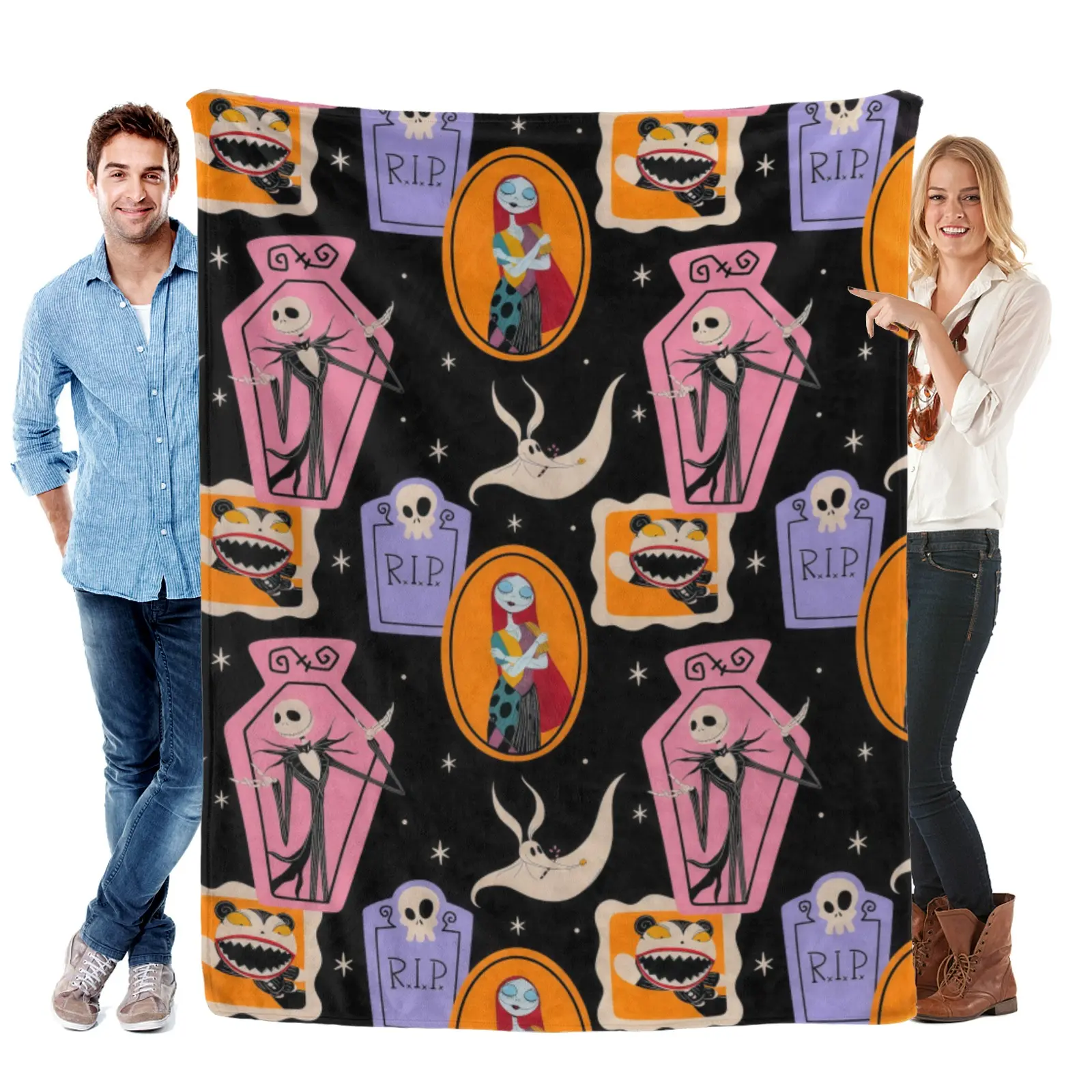 Disney Nightmare Before Christmas Halloween Flannel Blanket, Coffin Tombstone Grid Spooky Black Pink‑Purple Throw, Jack Sally Ghost Dog Fan Decor