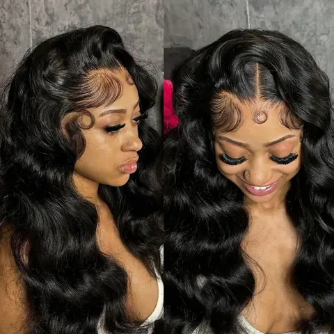 URODY 30 In Human Natural Hair Frontlace Glueless Wig - 13x6 HD Lacefrontal, 180% Density Body Wave, Pre-Plucked Black Wig for Wedding