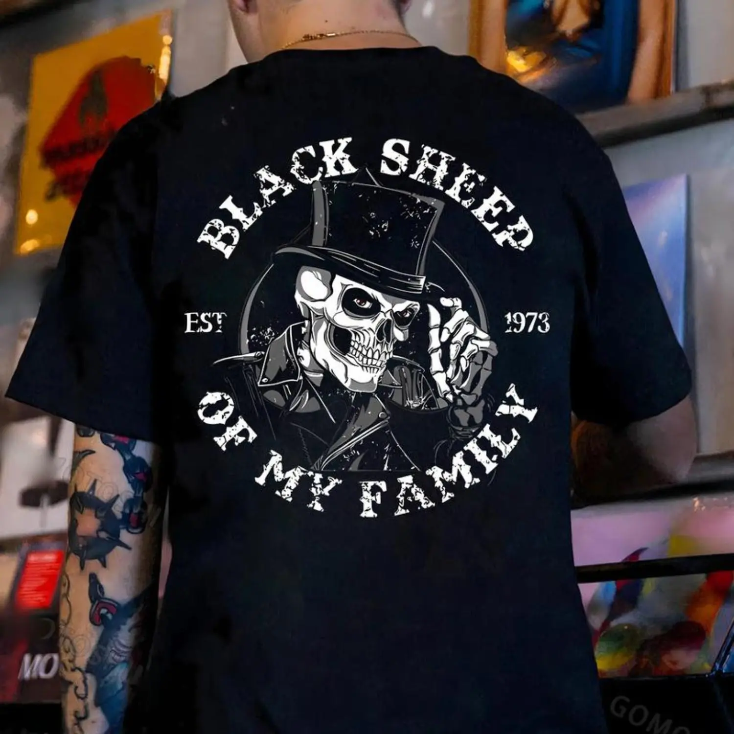 Black Sheep of My Family Skeleton Print Cotton T-Shirt for Men Casual Streetwear Top