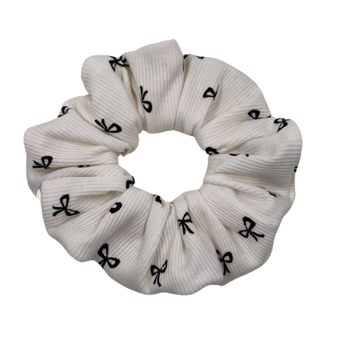 The  BONITA'S BOW-MANCE Hair Scrunchie - Cream-Colored Ribbed Fabric with Trendy Mini Black Bows, Reduces Hair Breakage, Gentle on Hair, Made in the US