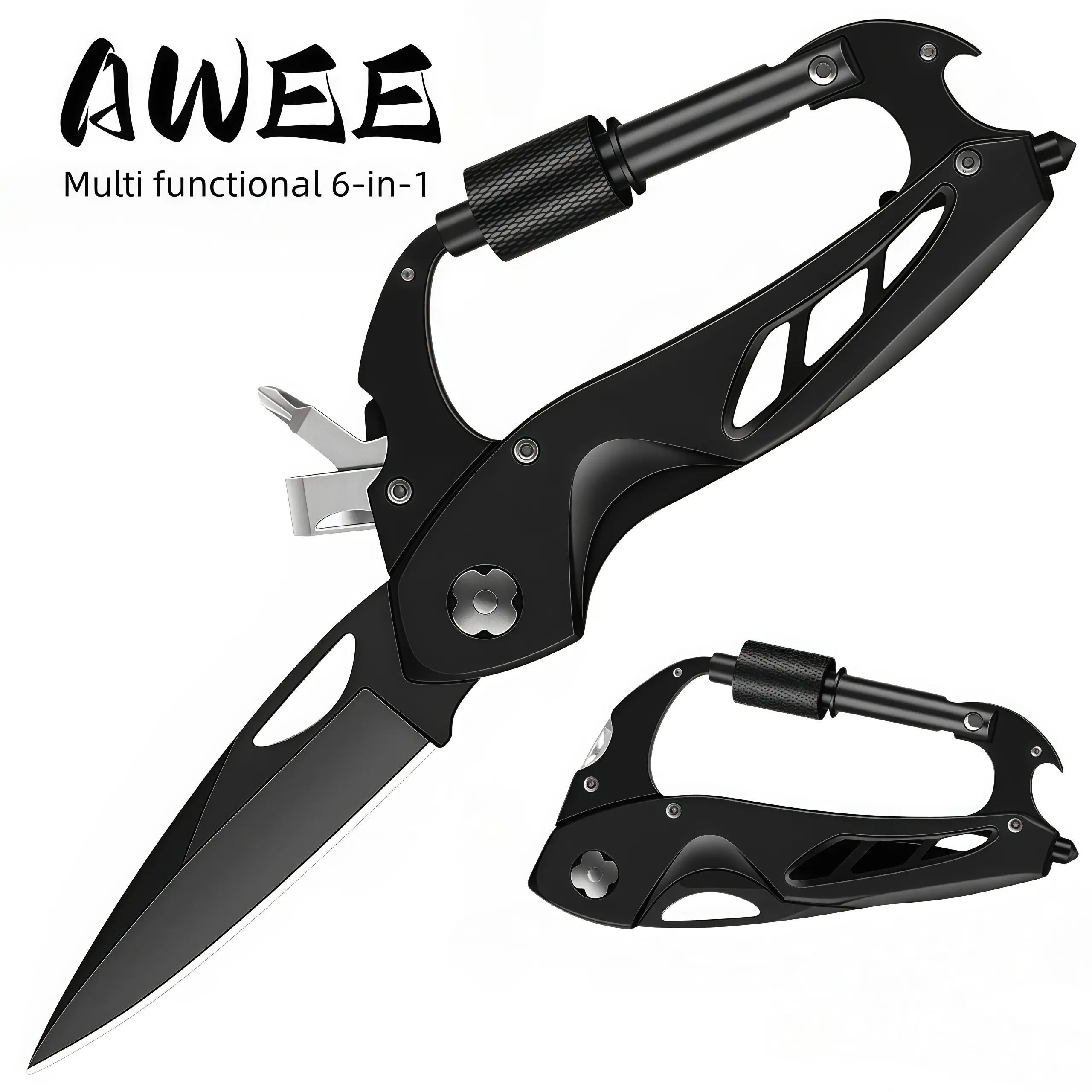 Folding EDC Survival Knife 6-in-1 Carabiner Multi Tool | Outdoor Gear with Window Breaker, Bottle Opener and Screwdrivers