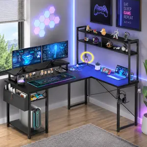 49''W Reversible L-Shaped Computer Desk with LED Lights & Power Outlets，Modern Corner Gaming Desk with Monitor Stand & Storage Shelf, Home Office Desk
