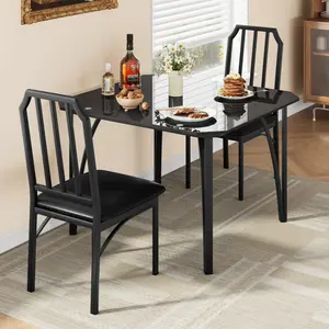 Modern Black Tempered Glass Dining Table Set, Metal Frame with Upholstered PU Chairs, Space-Saving Chamfer Design, Compact Furniture for Kitchen, Dining Room & Apartments