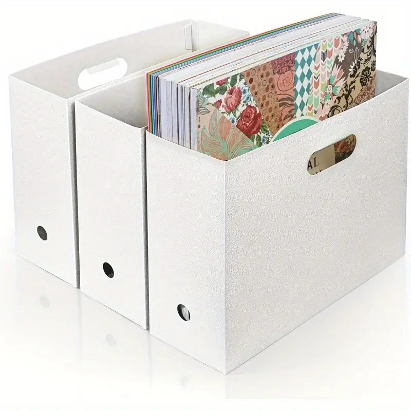 3-Pack White Foldable Plastic Scrapbook Paper Storage Box - Multi-grid design with handle, durable cards, magazines, space saving, suitable for scrapbooking, DIY, office and household items, sturdy multi-functional storage box, a must for office employees