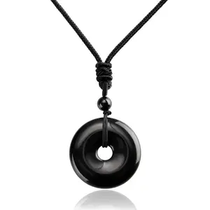 Natural Obsidian Stone Circle Donuts Pendant Necklace Black Gemstone Coin Charm Necklace Amulet Adjustable Rope for Daily Use