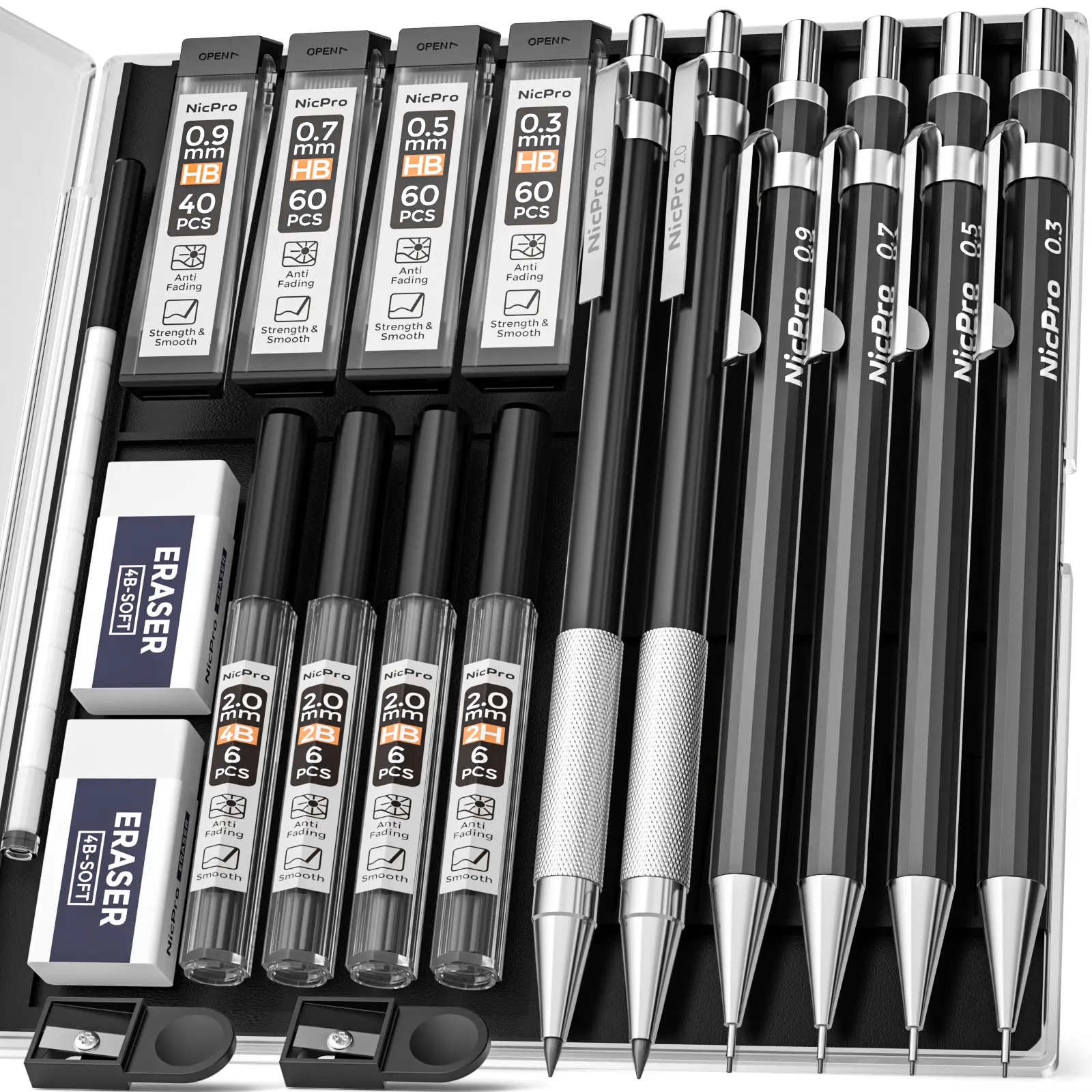 Nicpro Graphite Mechanical Pencil Set - 6 Compact Full-Metal Body Assorted Pencils (0.3/0.5/0.7/0.9 mm), 2 Graphite Holders (4B/2B/HB/2H Core), 8 Refills, Eraser Case - Office Stationery for Sketching, Drawing, Graphite Pencils