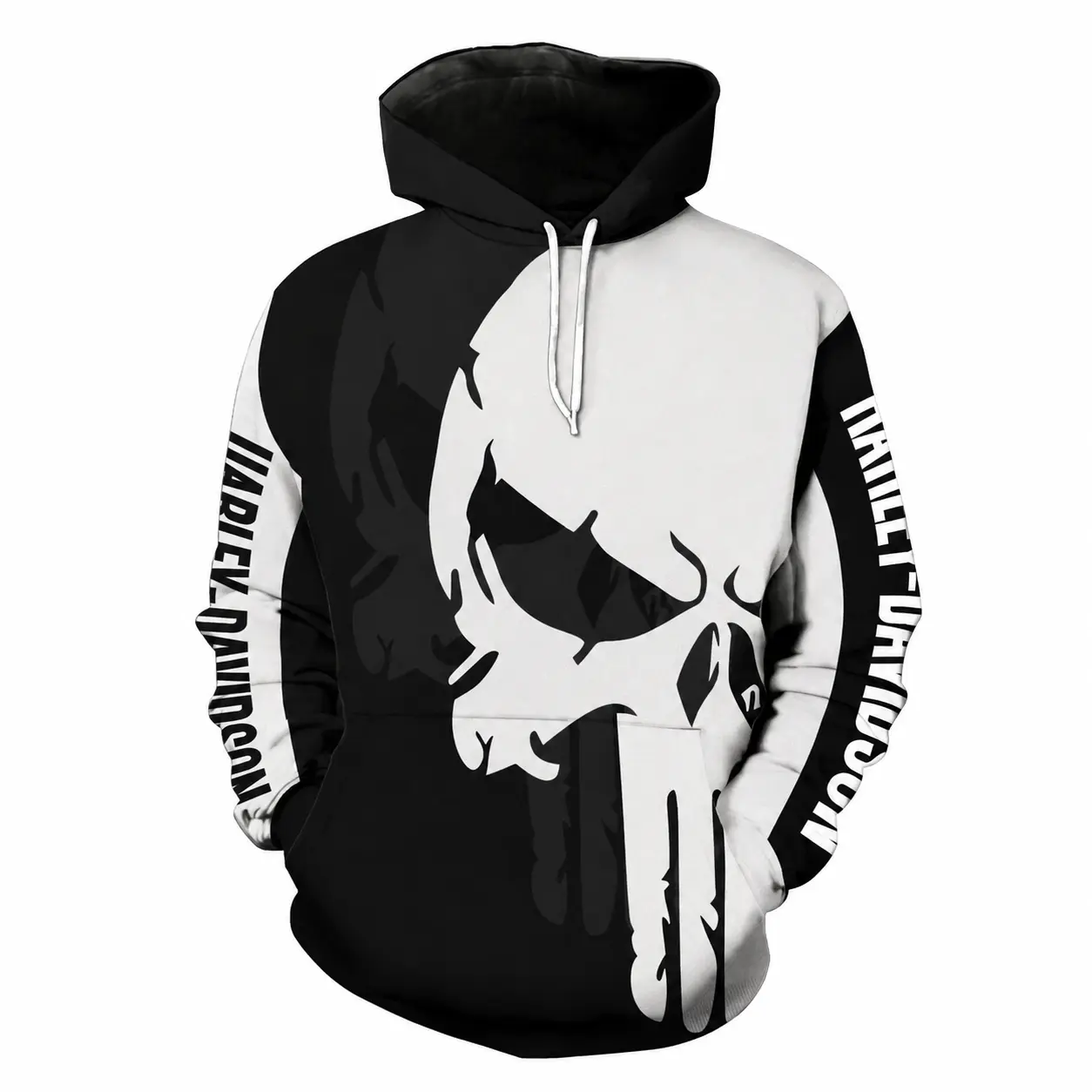 **Harley Davidson Punisher Skull 3D Hoodie, Black & White Motorcycle Graphic Pullover, All-Over Print Hoodie, Unisex Streetwear Sweatshirt, Biker Style**