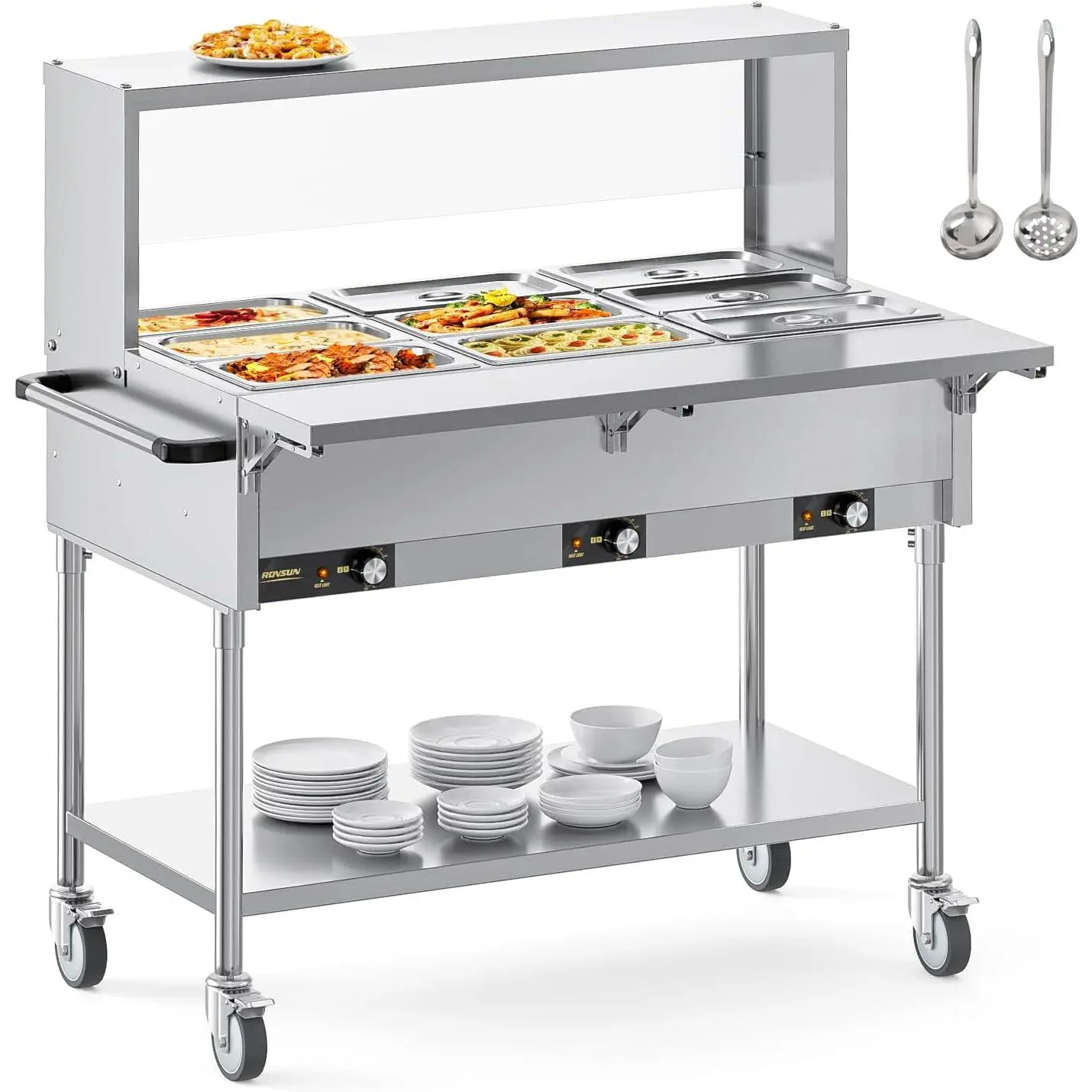 ROVSUN Electric Commercial Food Warmer, Steam Table 8QT/Pan Stainless Steel Bain Marie w/Overshelf Undershelf Separate Temperature Control & Lid Acrylic Shield for Buffet Restaurant 1500W