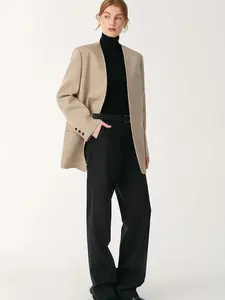 Australian Merino wool skin-friendly vertical straight classic simple collarless deep V-neck suit jacket for women