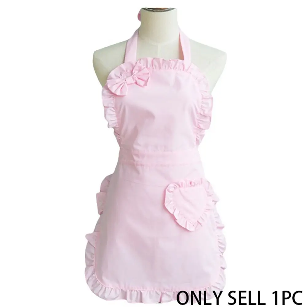 1pc Pink Long Ruffle Pocketed Aprons for Women with Pockets Kitchen Maid Apron Vintage Skirt Cute Ruffle Dress Costume Kitchen Cooking Aprons