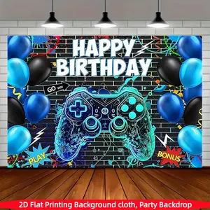 Game Theme Happy Birthday Banner, Blue Balloon Decor, Game Controller Background Cloth, Polyester Material, Birthday Party Decorations, Party Decorations Banners, Wedding, Festival