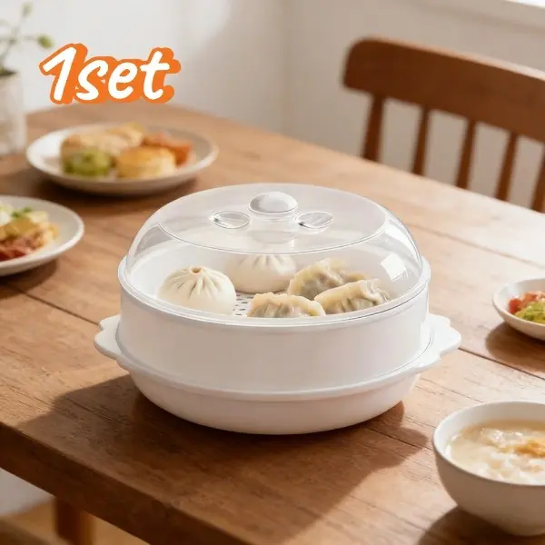Transparent lid microwave oven plastic steamer tray, reusable steaming container, steamed bun and dumpling steaming box, portable food steaming tray, household kitchen steaming utensils, party dinner plates, tableware and supplies