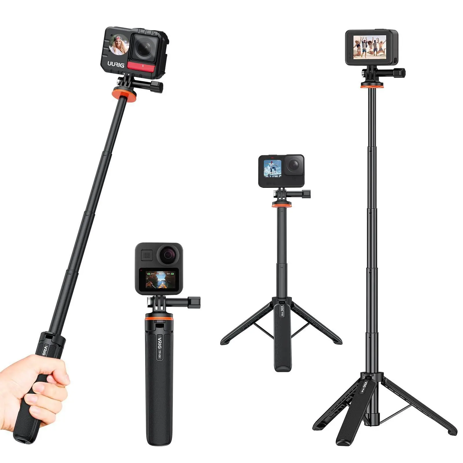 Vrig Tp08 Handheld Adjustable Extension Pole for Gopro 13/12/11/10/9, Dji Action 3 Selfie Stick, Portable Selfie Accessory, Cellphone Selfie Accessory, Insta360 X3 Accessories, Mobile Phone Live Streaming Tripod Stand, Smartphone Camera Accessories