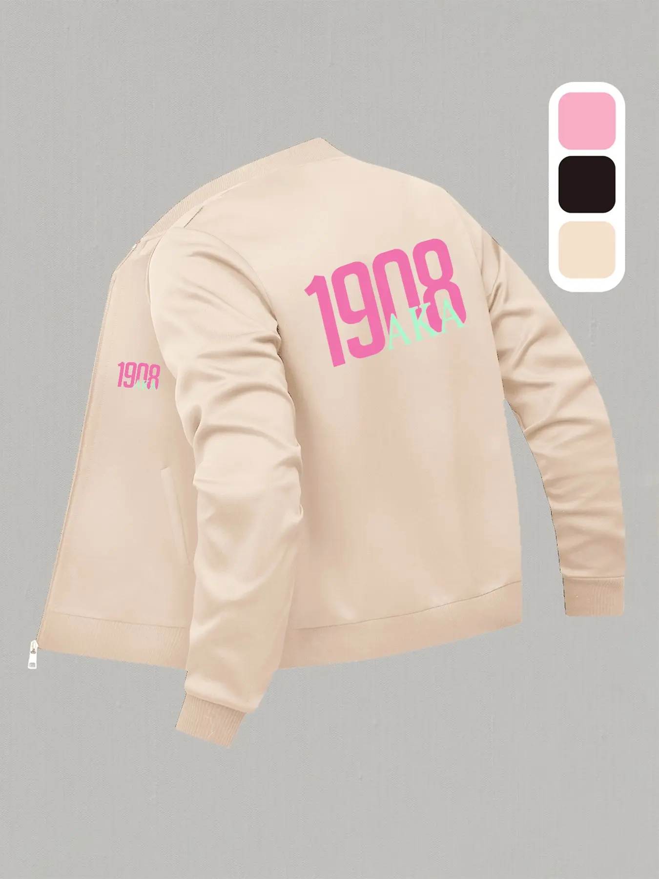 1908 AKA Print Graphic Baseball Zip-Up Fitted Jacket - Fashionable & Chic Long-Line Top, Casual Long-Sleeve Outerwear, Casual Fitted Jackets, Essential Autumn Clothing, Flagship Jackets, Coats
