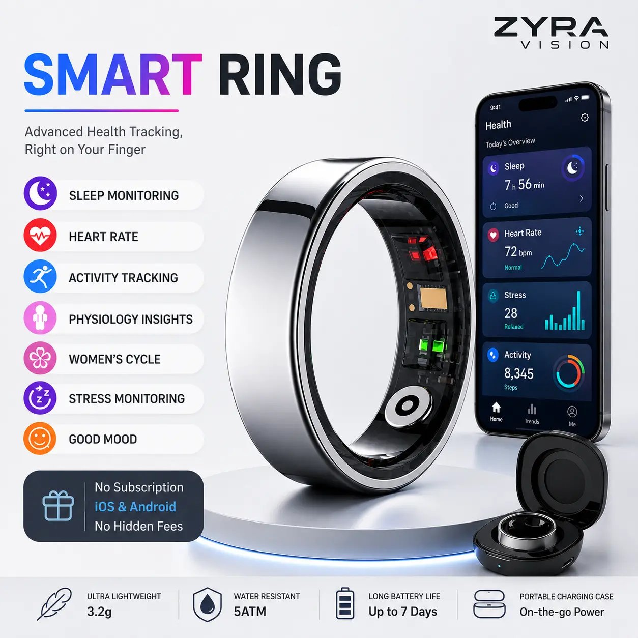Zyra Smart Ring - Wearable Device, 24/7 Health & Fitness Tracker, Sleep Monitoring, Heart Rate/Stress/Cycle Insights, Family Care Mode, Free No-Subscription App, iOS & Android Compatible, IP68 Rated, Bluetooth 5.3, Low Power BT, Unisex