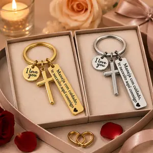 Maneja Con Cuidado Te Necesito Aquí Conmigo Keychain with Cross & "I Love You" Charm, Spanish Drive Safe Stainless Steel Keyring, Romantic Religious Gift for Him/Her