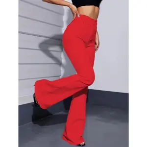 Casual Bell-Bottom Jeans in a Solid Red Color, Stylish Denim Wear for Women.
