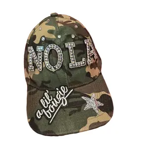 Customized Trucker Hats - Baseball Cap with 'NOLA' Bling Design & 'lil' sougie' Text - Camouflage Pattern