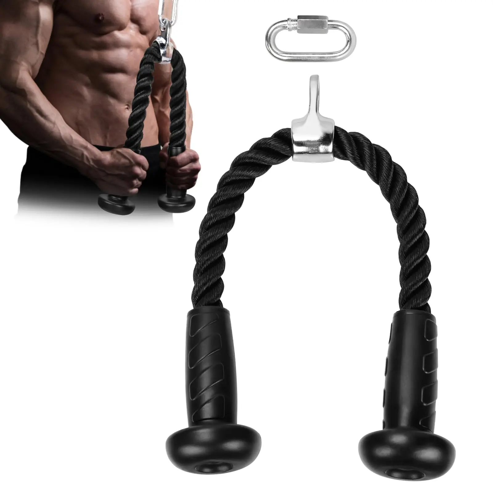 Hikeen Deluxe Ergonomic Tricep Rope Cable Attachment, Easy to Grip Non-Slip Rubber Handles, Heavy Duty Pull Down Rope for Home & Gym Exercise
