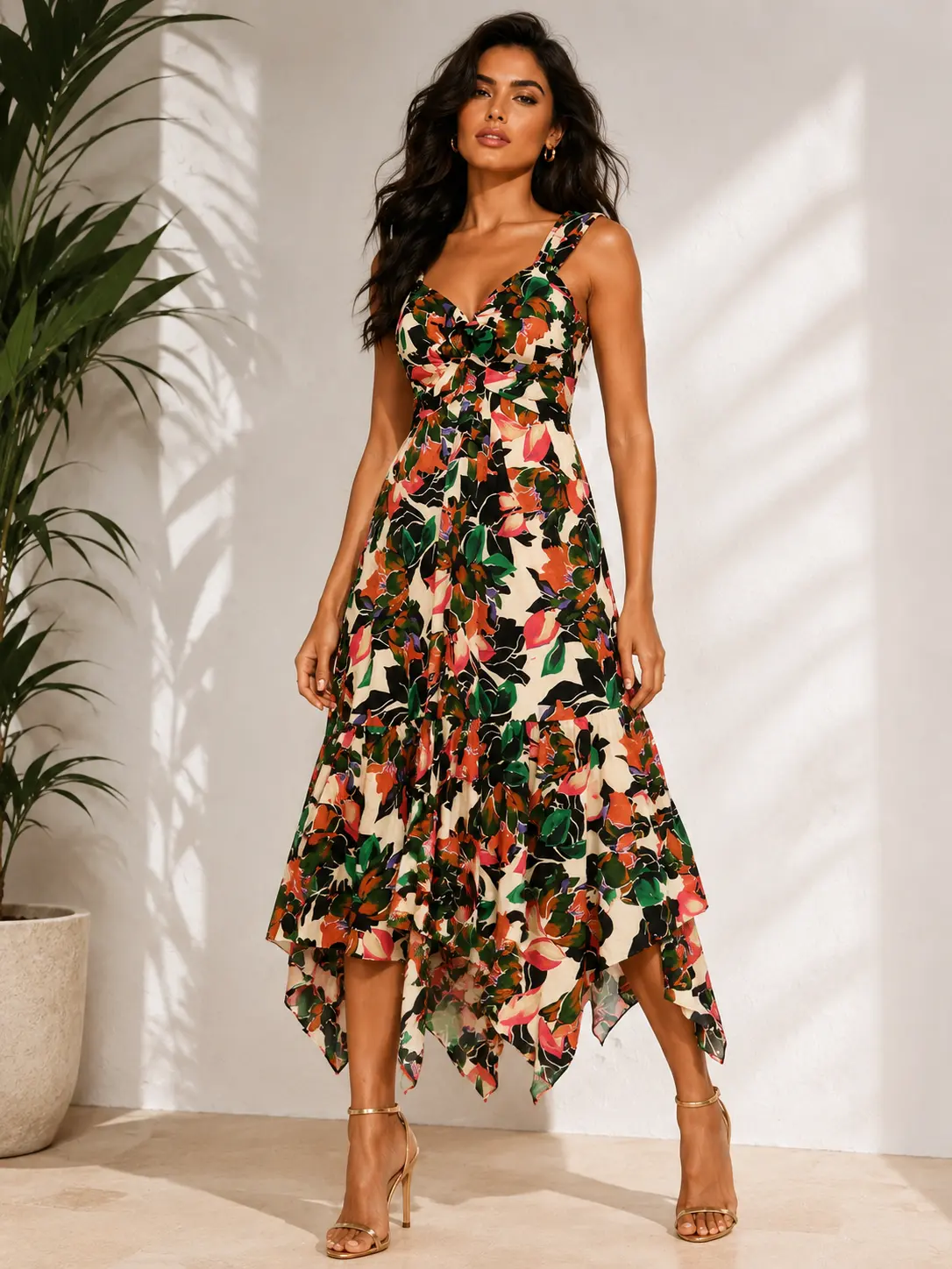 🔥🔥 MISA Esperanza Dress Las Palmas Floral Handkerchief Hem Midi Dress – Tropical Luxury Resort Dress🔥🔥 Size XS