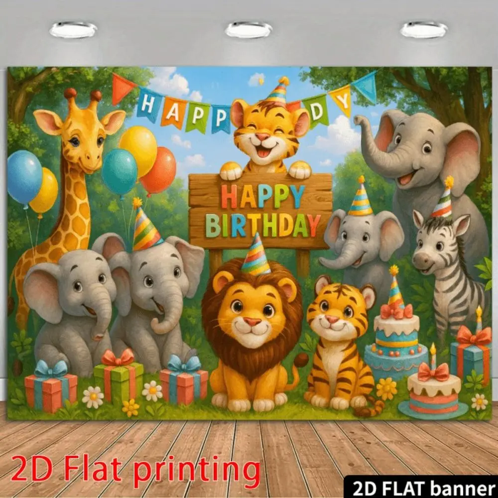 Cartoon Jungle Theme Reusable Polyester 2D Flat Printed Pet Backdrop Party Decor Set - Cute Design with Giraffe, Wild Animal, Elephant, Wooden Sign, Bunting Banners, Balloons, Cake Gift Box, No Power Supply, Suitable for Pet Birthday Celebrations