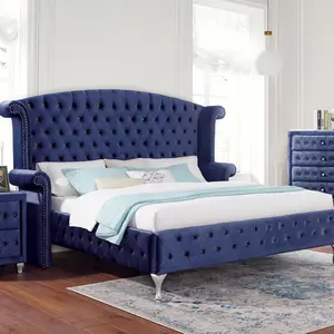 Alzir Royal Velvet Tufted Wingback Bed - Blue or Pink by Furniture of America