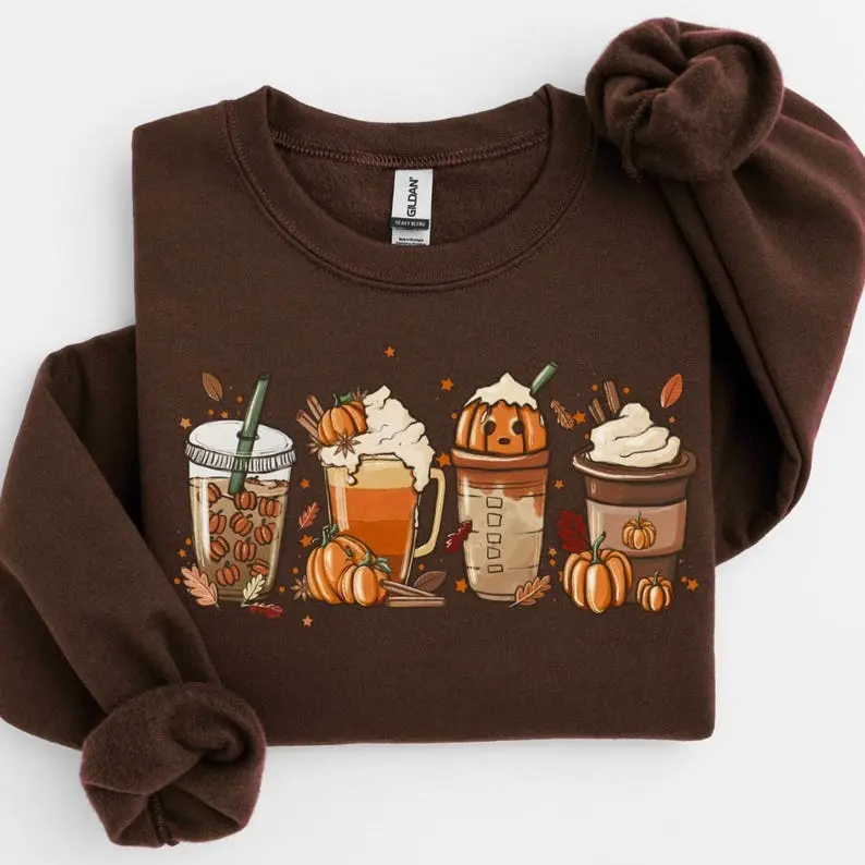 [MADE IN US] Pumpkin Spice Coffee Sweatshirt, Cozy Fall Coffee Crewneck, Autumn Latte Shirt, Cute Pumpkin Season Sweatshirt, Fall Gift for Coffee Lovers