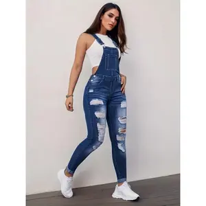 Women’s vintage-inspired ripped distressed overalls with whiskering and a faded finish, relaxed fit, soft washed comfort, viscose/cotton blend, medium blue, casual daily wear