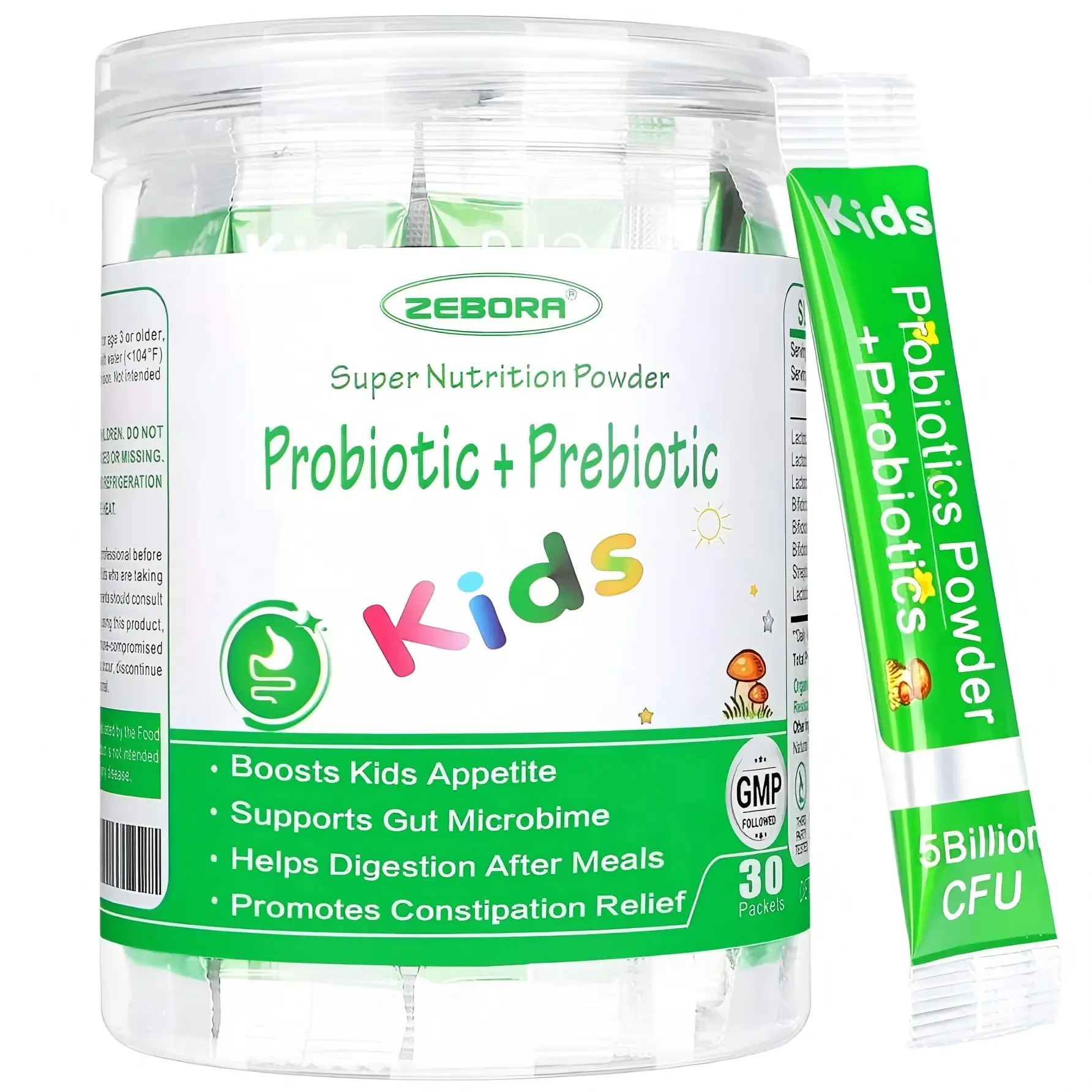 ZEBORA Kids Probiotic & Prebiotics Powder Age 3+ Support Children's Digestive & Immune System with Natural Source, Promotes Constipation Relief, Non-GMO, Gluten-Free, 30 Packets with 5 Billion CFUs