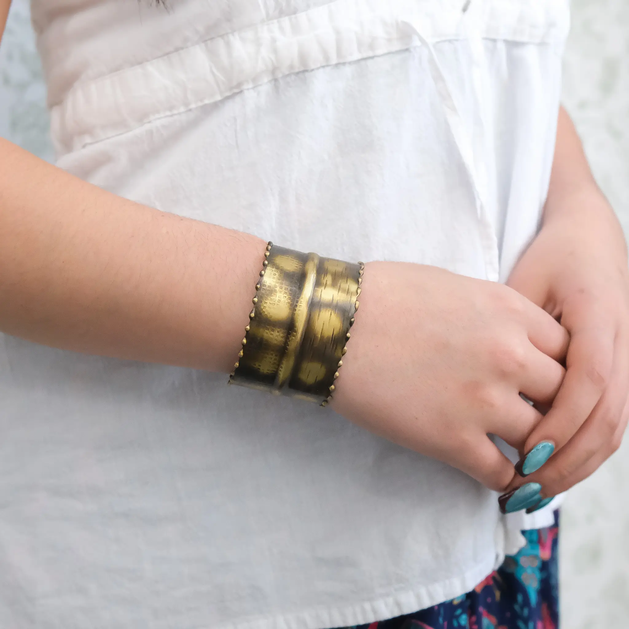 Wide Cuff Bracelet, Adjustable Antique Wrist Cuff, Tribal Statement Jewelry, Rustic Festival Bracelet, Vintage Inspired Gift for Her