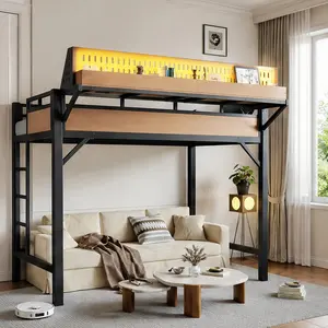 Twin XL Loft Bed Frame with Storage Shelves and Pegboard, Metal Loft Bed with USB Ports and LED Lights, Safe Sturdy Natural MDF+Metal, Space-Saving for Kids Teens Adults Bedroom Dorm Room, No Box Spring Needed, Twin XL Size Options