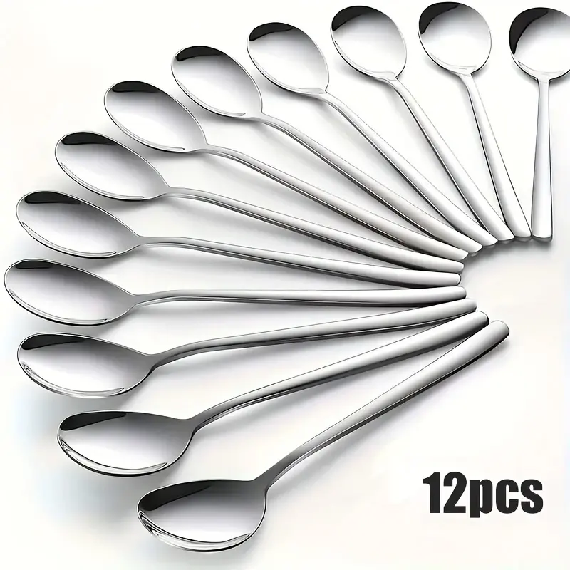 12-piece set of stainless steel Korean teaspoons, 7.28-inch durable soup spoons, dinner spoons, Ramen Spoon, mirror-polished, dishwasher washable, tableware cutlery, suitable for rice, cream soup, desserts and oatmeal, for home and restaurant use