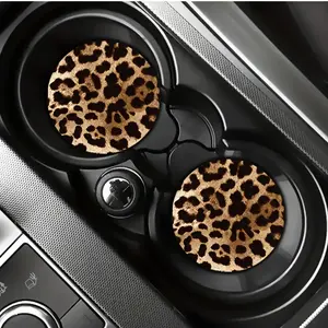 2pcs Brown Leopard Print Car Coasters - Suitable for Vehicles and Home Office Desks, Durable Synthetic Rubber, Universal, Interior Accessorie, Car Interior Accessory