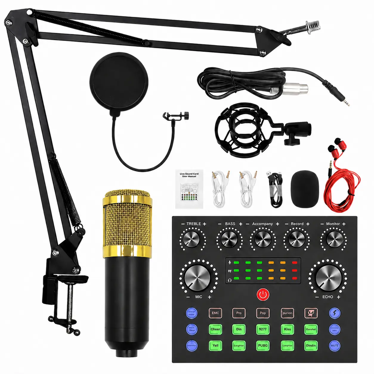 Podcast Equipment Bundle, Wired Microphone. Equipped with BM800 Condenser Microphone and V8 Sound Card & Voice Changer - Audio Interface. Ideal for recording, singing, streaming and gaming.