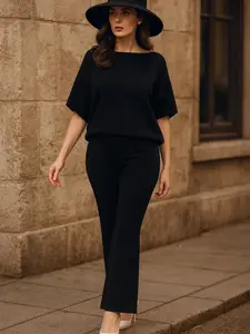Classy Boat Neck Bat Wing Top & Wide-Leg Knit Pants Elegant Chic Womenswear Batwing Suits Top, Pants or Two-Piece Set Options