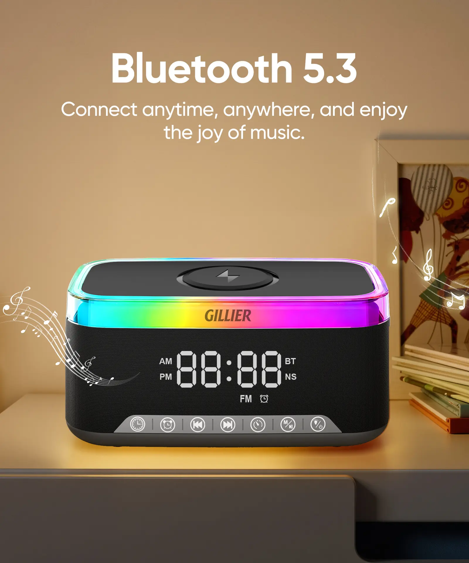 Dimmable Digital Alarm Clock with Wireless Charging, Sound Machine, 15W Fast Charger, 10W Stereo Bluetooth Speaker, FM Radio, 12-Color Night Light & Room Decor for Bedrooms