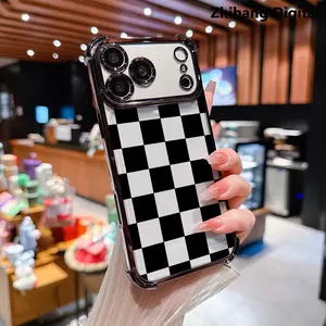 Black checkered Electroplated Four-corner Anti-fall Mobile Phone Case for iPhone 17 Pro Max 17Air 16 Plus 15 14 13 12 11 Simple and stylish camera protection Shockproof Anti-Drop Shockproof Drop Protection Durable Phone Cover