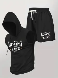 Men's 2 Piece Boxing Workout Set, "NO BOXING NO LIFE" Graphic Sleeveless Hoodie and Shorts, Athletic Gym Training Outfit, Fitness Clothes, Lightweight Breathable Streetwear Tracksuit for Bodybuilding Running, Workout Summer Clothes