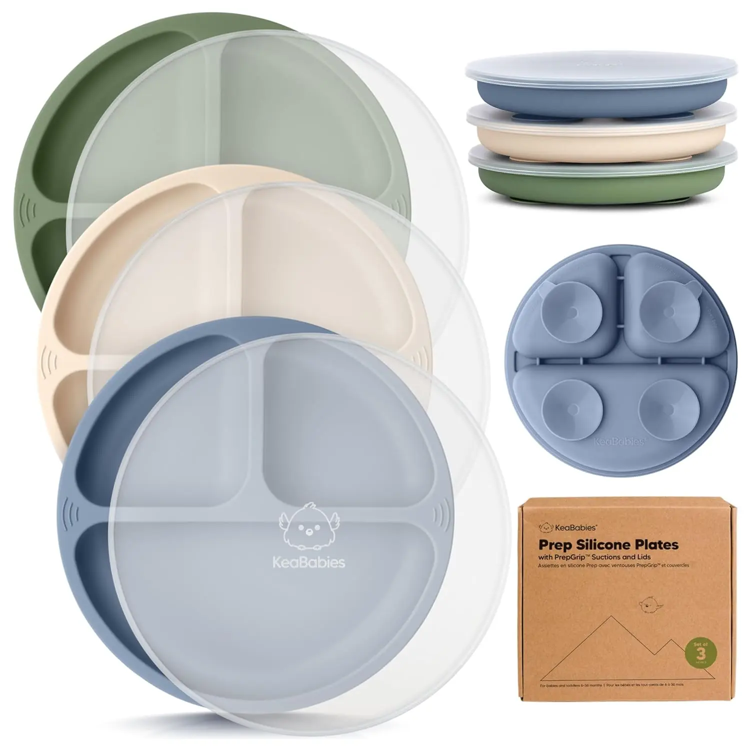 KeaBabies Suction Plates with Lids for Baby - 3-Pack 100% Silicone Toddler Plates with Suction, Divided, BPA-Free Baby Led Weaning Essentials for Kids, Dishwasher, Microwave Safe, Durable