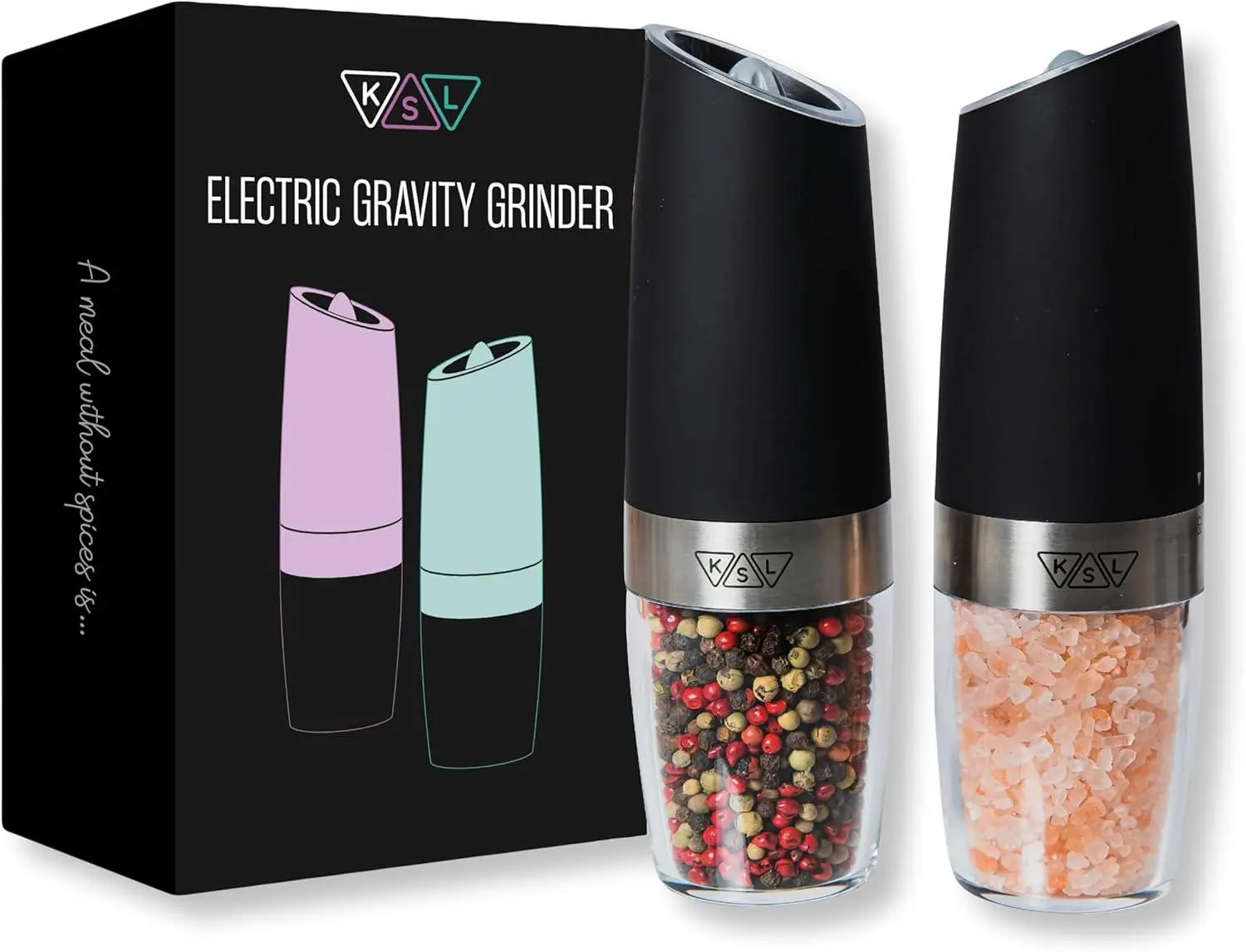 KSL Gravity Electric Salt and Pepper Grinder Set - Christmas Gift - Adjustable Motorized Electrical Powered Auto Shakers-Automatic Power Mill-Automated Battery Electronic Crusher K S L