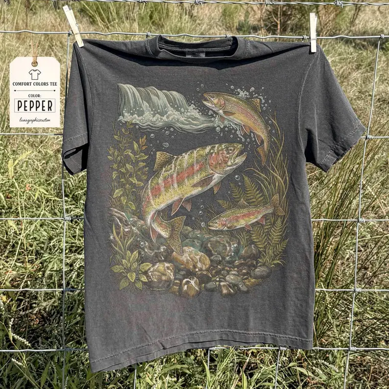 Comfort Colors River Fish Nature Shirt, Comfort Colors Retro 90s Fishing Graphic Tee, Vintage River Life Tshirt, Aesthetic Trout Fish Top, Gift for Him Her