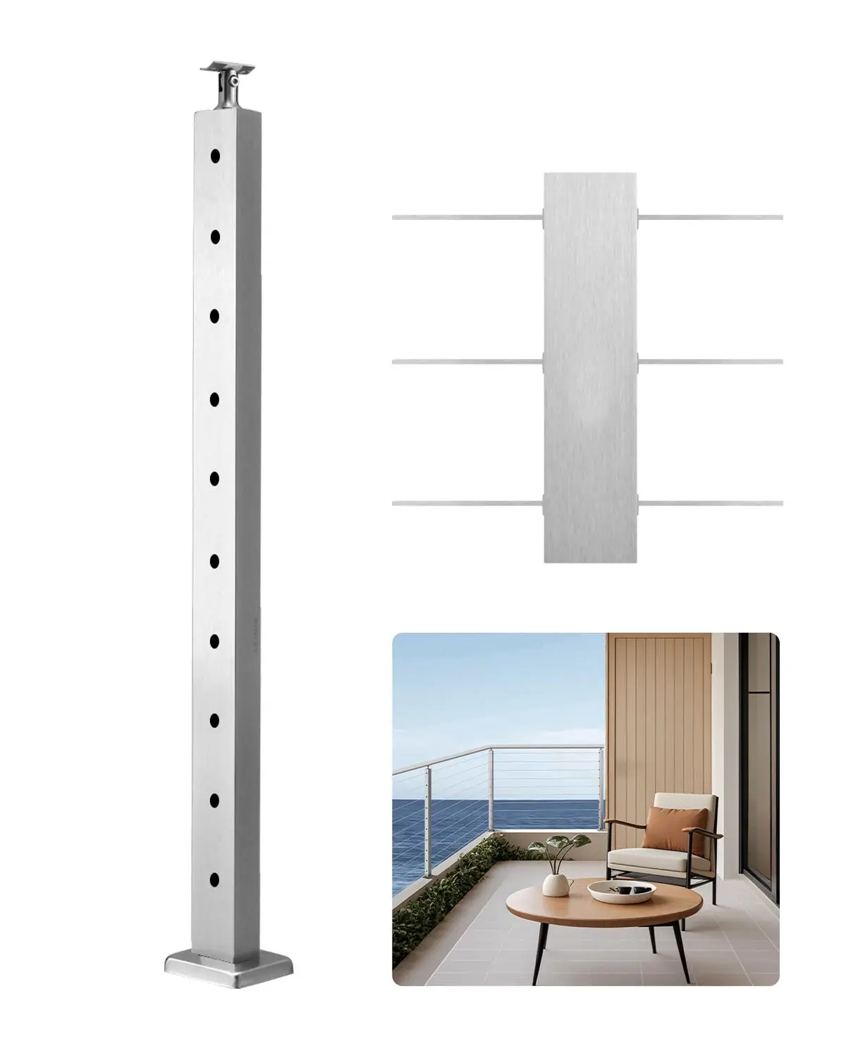 VEVOR Cable Railing Post, 36x1x2 Inch Level Deck Stair Posts, 1-Pack Stainless Steel Cable Handrail Post, Pre-Drilled Pickets with Mounting Bracket Stair Railing Kit, Silver, 1JZLGZXYS914I4BDB001V0#SohoChic