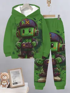 Pixel Art Cartoon Hoodie Set, Gaming Themed Design with Headphones & Controller Decorations, Perfect for Everyday Casual Wear All Seasons