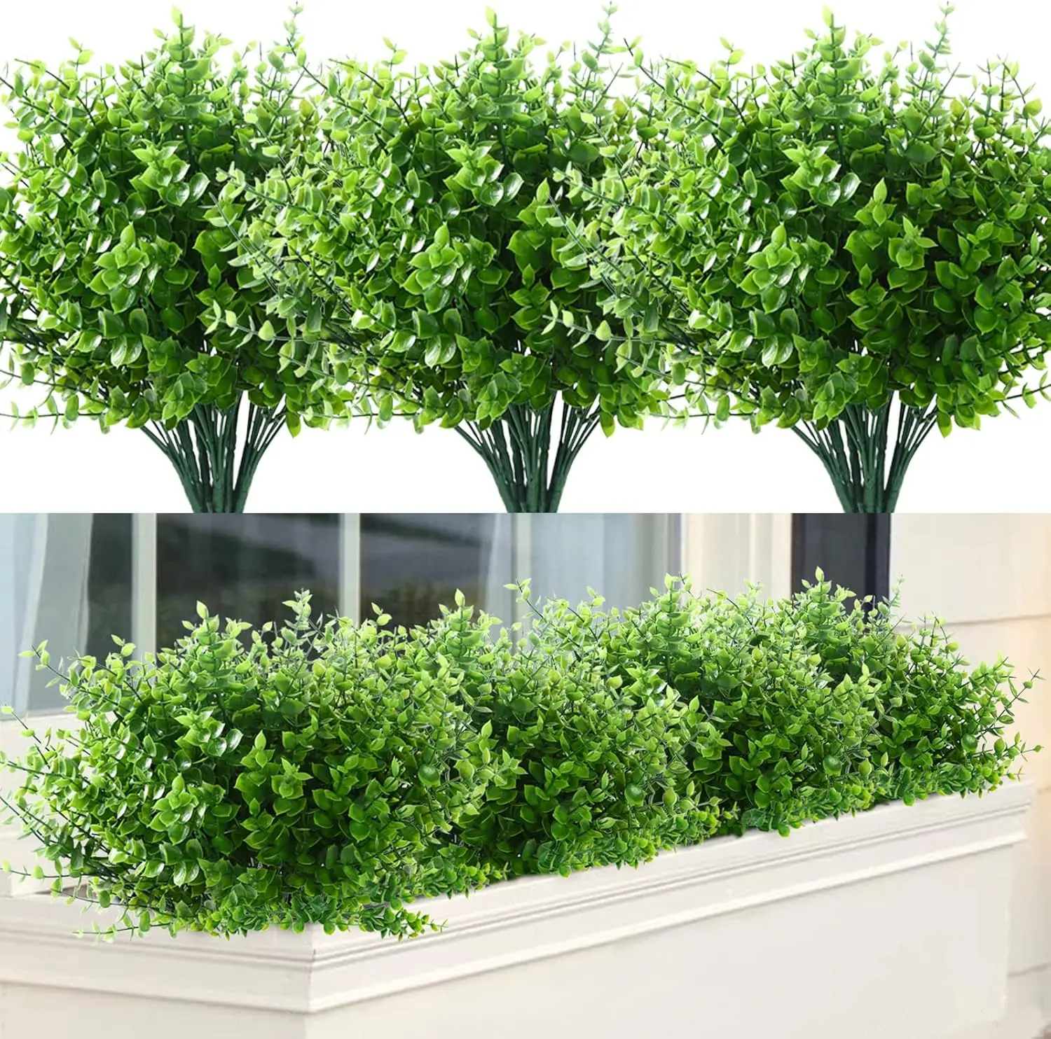 20 Pack Fake Boxwood Stems Artificial Plants Eucalyptus Outdoor No Fade Faux Greenery Boxwood Plant for Home Bathroom Wall Front Porch Hanging Planter Garden Shelf Decorations